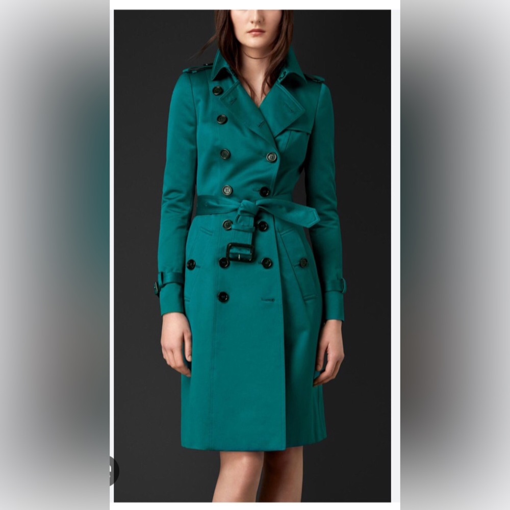 Burberry teal Double-Breasted Trench Coat - size 8 (as fading & cuff straps)